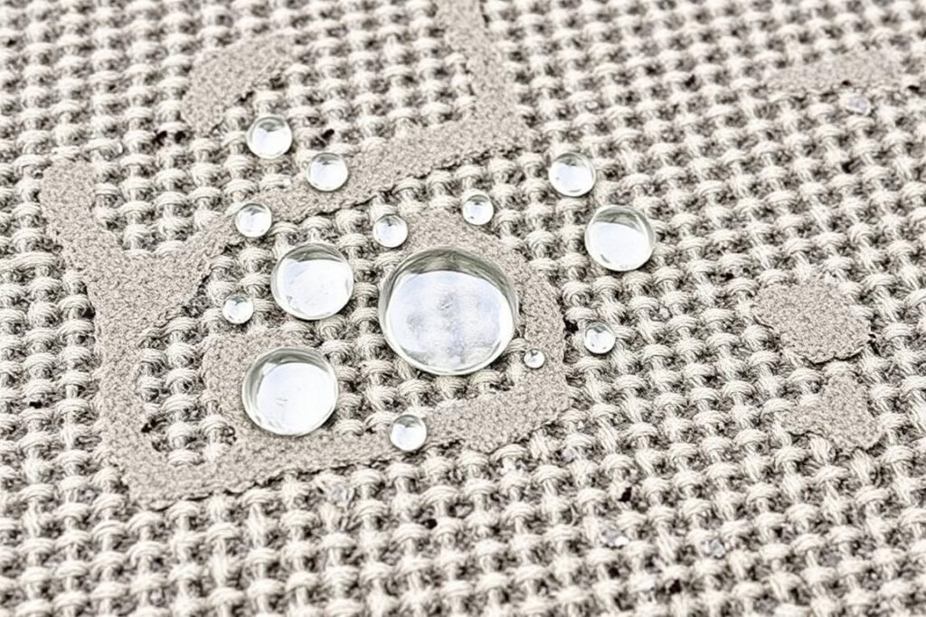 Close-up of water beading on a waterproof outdoor rug surface