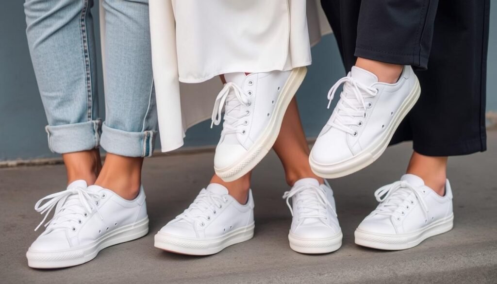 Close-up of well-styled white tennis shoes with various outfits