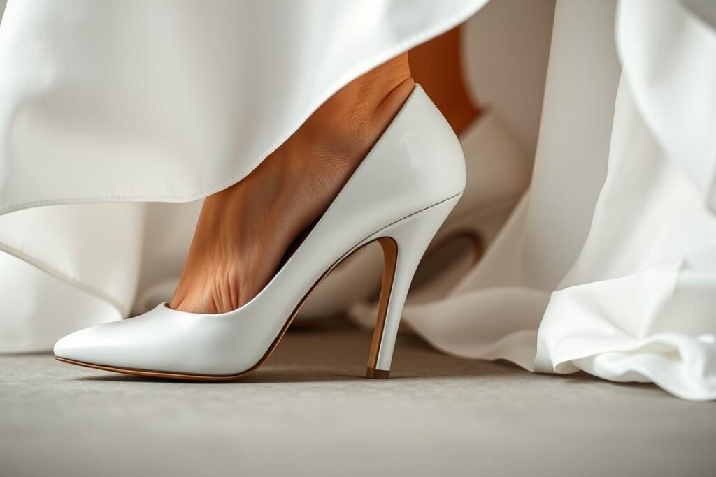 Close-up of white heels with a flowing white dress hem