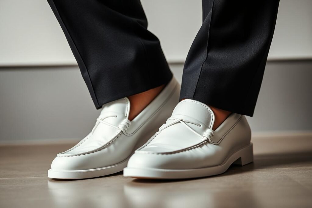 Close-up of white loafers with tailored pants showing office style details
