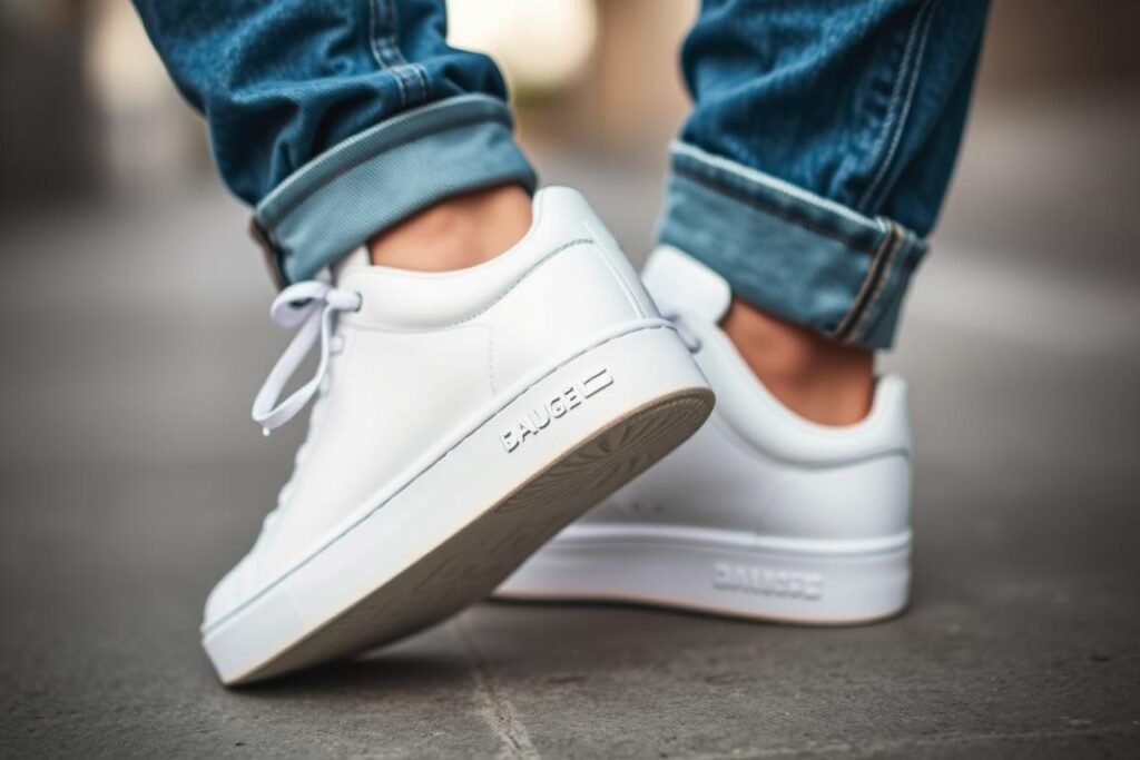 Close-up of white sneakers with cuffed jeans showing styling details