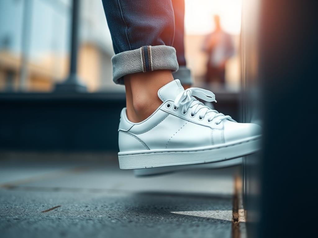 Close-up of white sneakers with cuffed jeans