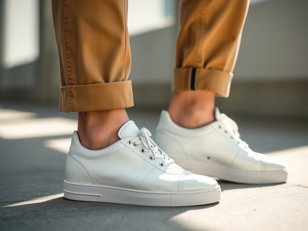Close-up of white sneakers with tailored chinos