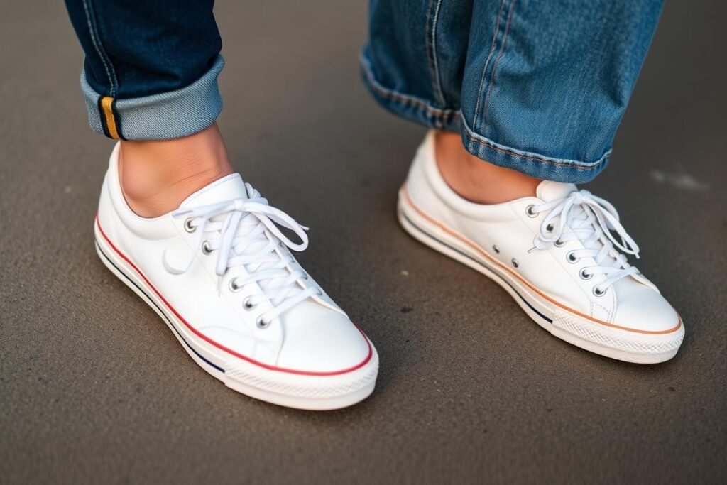 Close-up of white tennis shoes paired with different styles of jeans