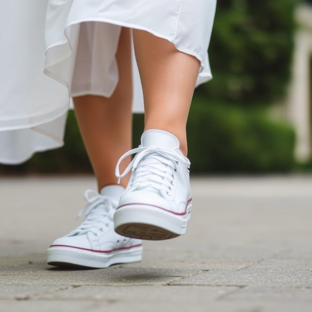 Close-up of white tennis shoes paired with the hem of a flowing dress