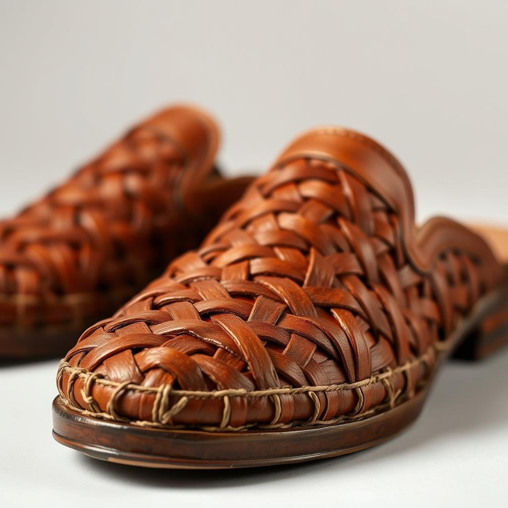 Close-up of woven leather mules showing intricate pattern