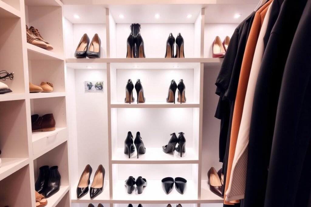 Closet shoe display with puck lights highlighting each pair of shoes