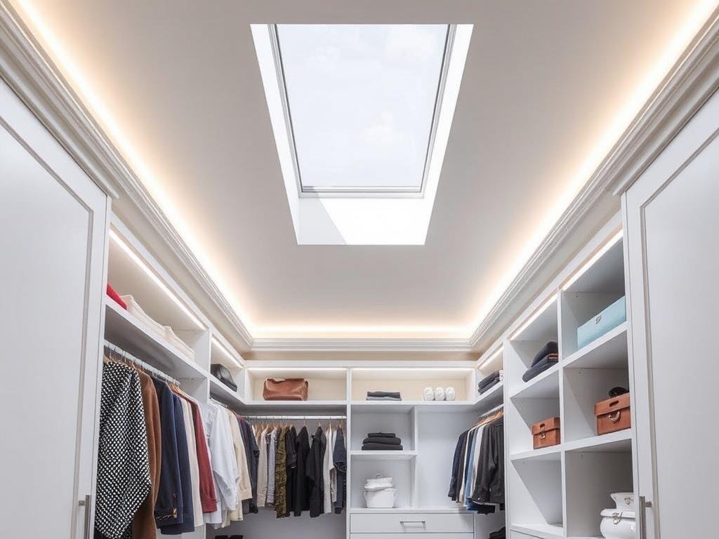 Closet with skylight providing natural light from above complemented by LED lighting