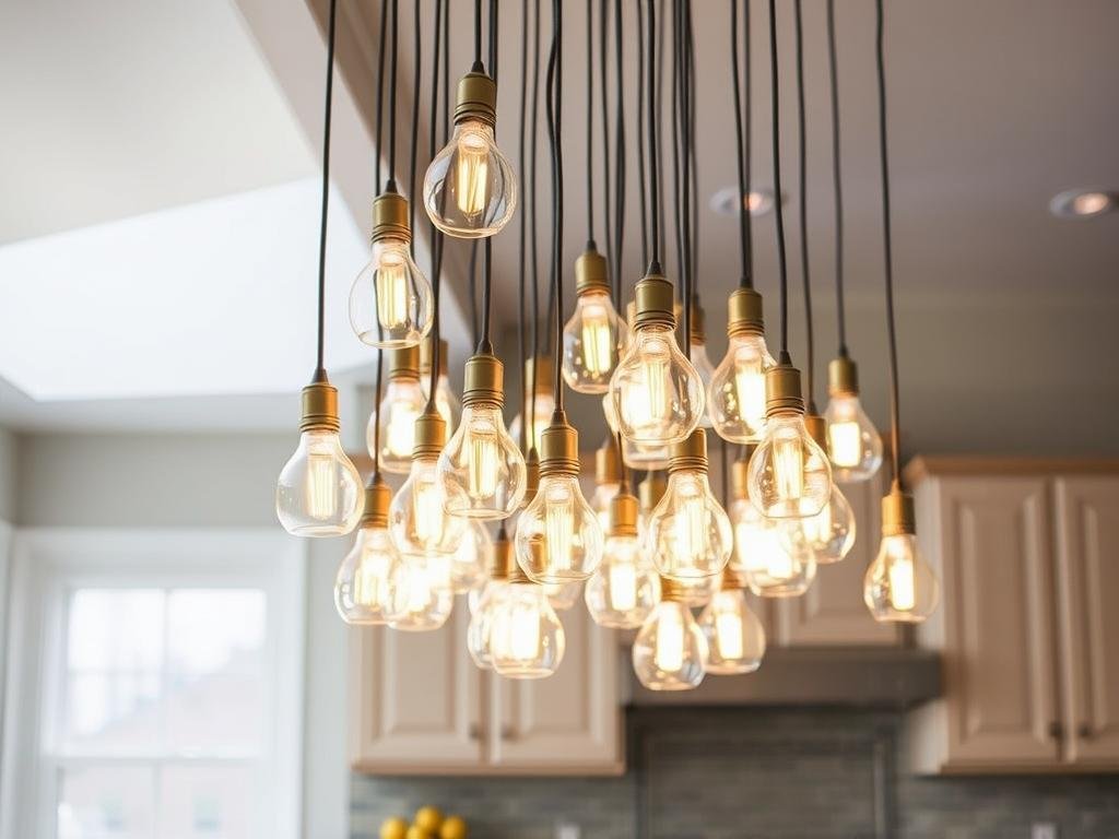Cluster of small pendants hanging at different heights over island