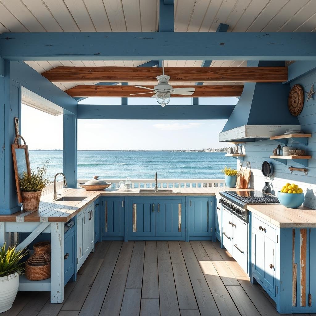Coastal outdoor grill küche with blue and white color scheme