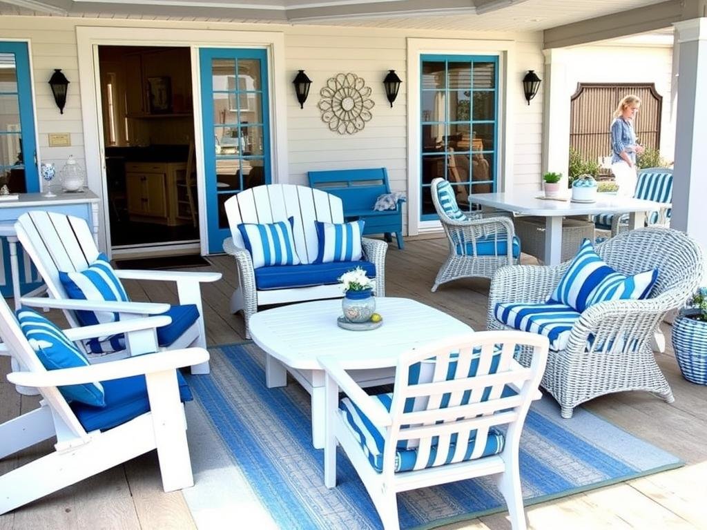 Coastal outdoor patio furniture in blue and white tones with nautical elements near water
