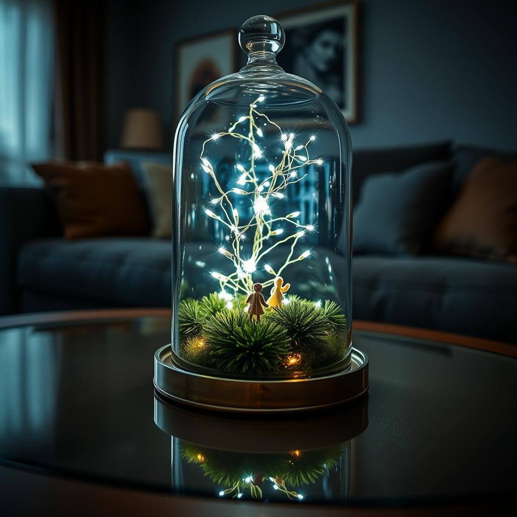 Coffee table centerpiece featuring a glass cloche with fairy lights arranged inside, creating a glowing focal point