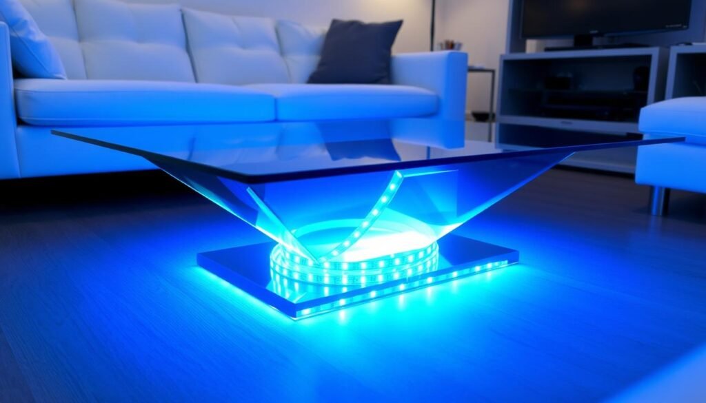 Coffee table with LED strip lights installed underneath creating a floating effect