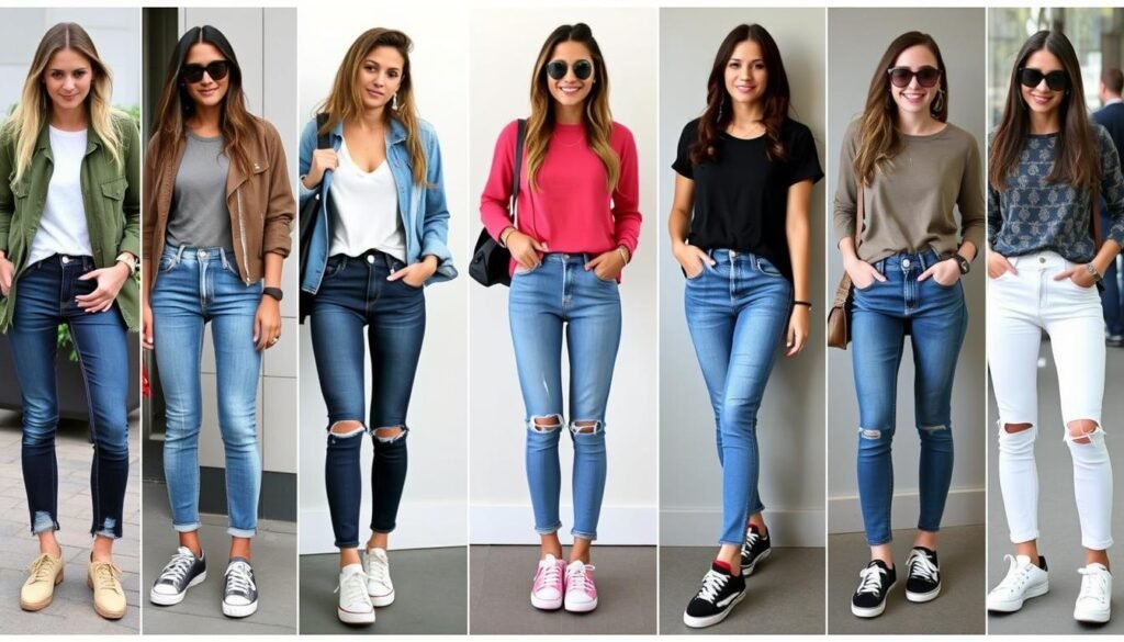 Collage of different jeans and tennis shoes outfit combinations showing versatility
