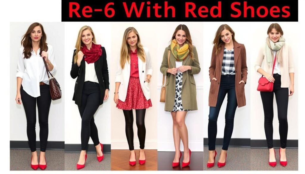 Collage of different outfits with red shoes showing the versatility of this statement footwear