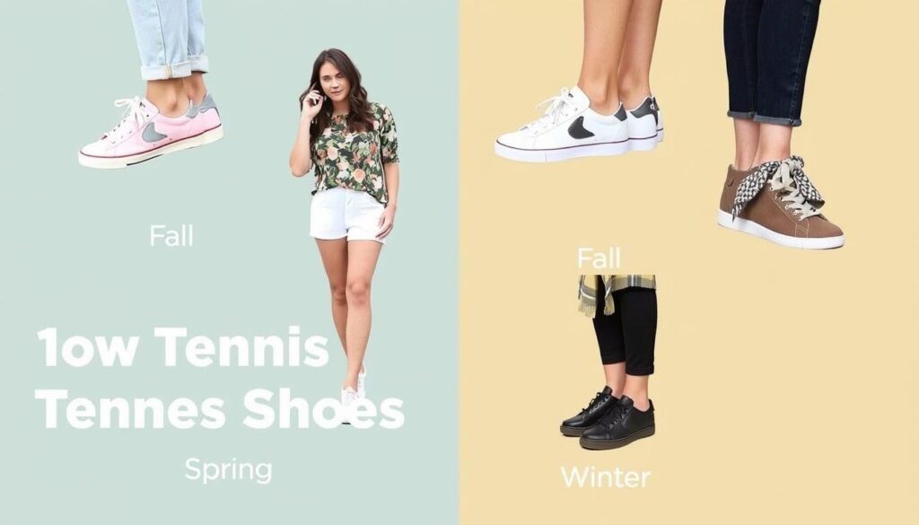 Collage of seasonal tennis shoes outfits for spring, summer, fall, and winter