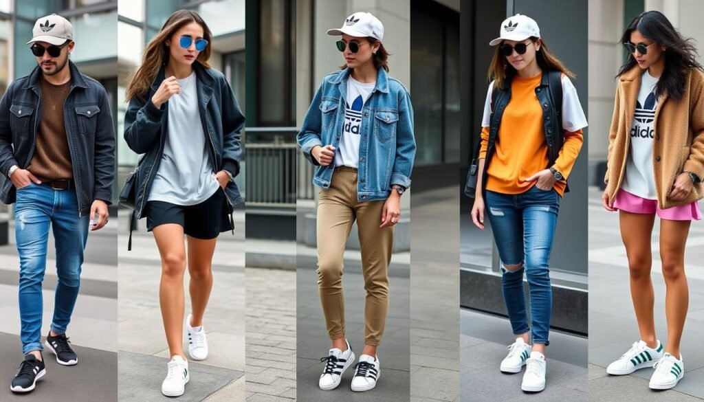 Collage of various Adidas shoes outfits for different occasions and styles