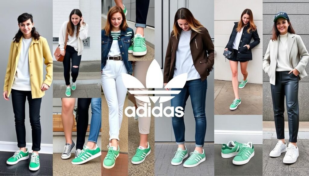 Collage of various green Adidas shoes outfit combinations