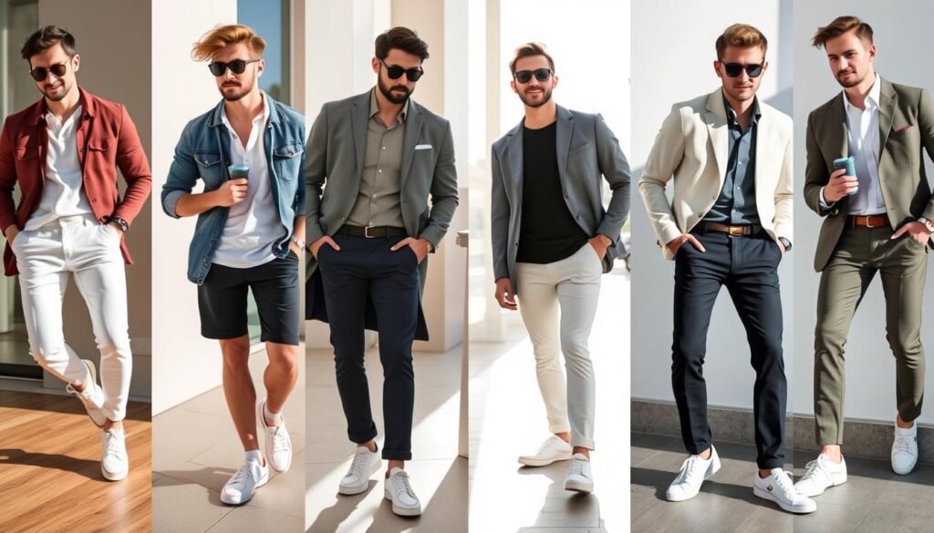 Collage of various white shoes outfit men combinations