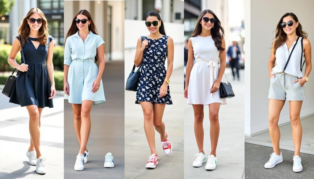 Collage of women in various dress and tennis shoe combinations