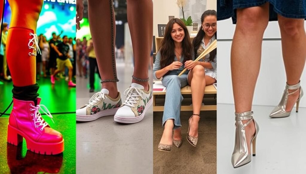 Collage showing funky shoes being worn at different occasions from casual outings to special events