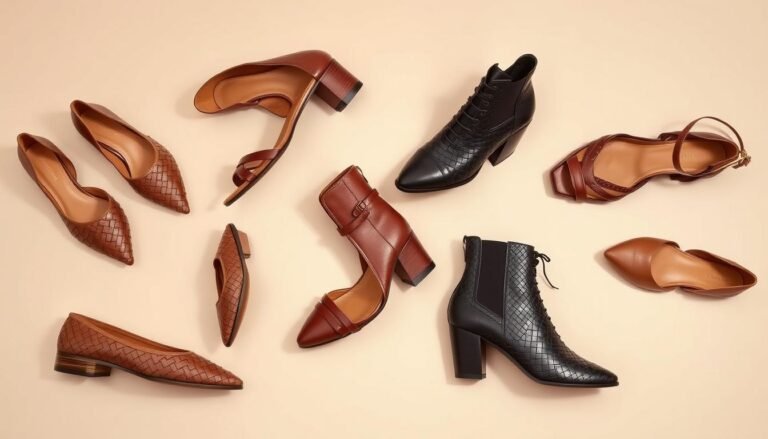 Collection of Bottega Veneta shoes including pumps, sandals, boots and flats arranged stylishly against a neutral background