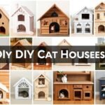 Collection of DIY cat houses including cardboard, wooden, and repurposed furniture designs
