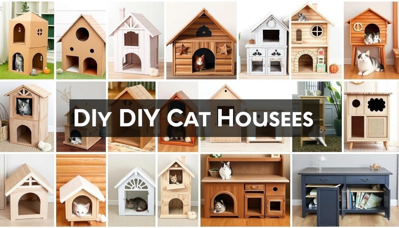 Collection of DIY cat houses including cardboard, wooden, and repurposed furniture designs