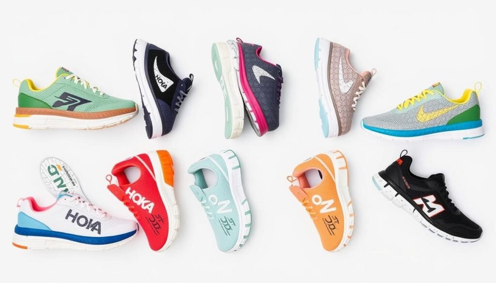 Collection of Hoka shoes in various limited edition colorways and designer collaborations