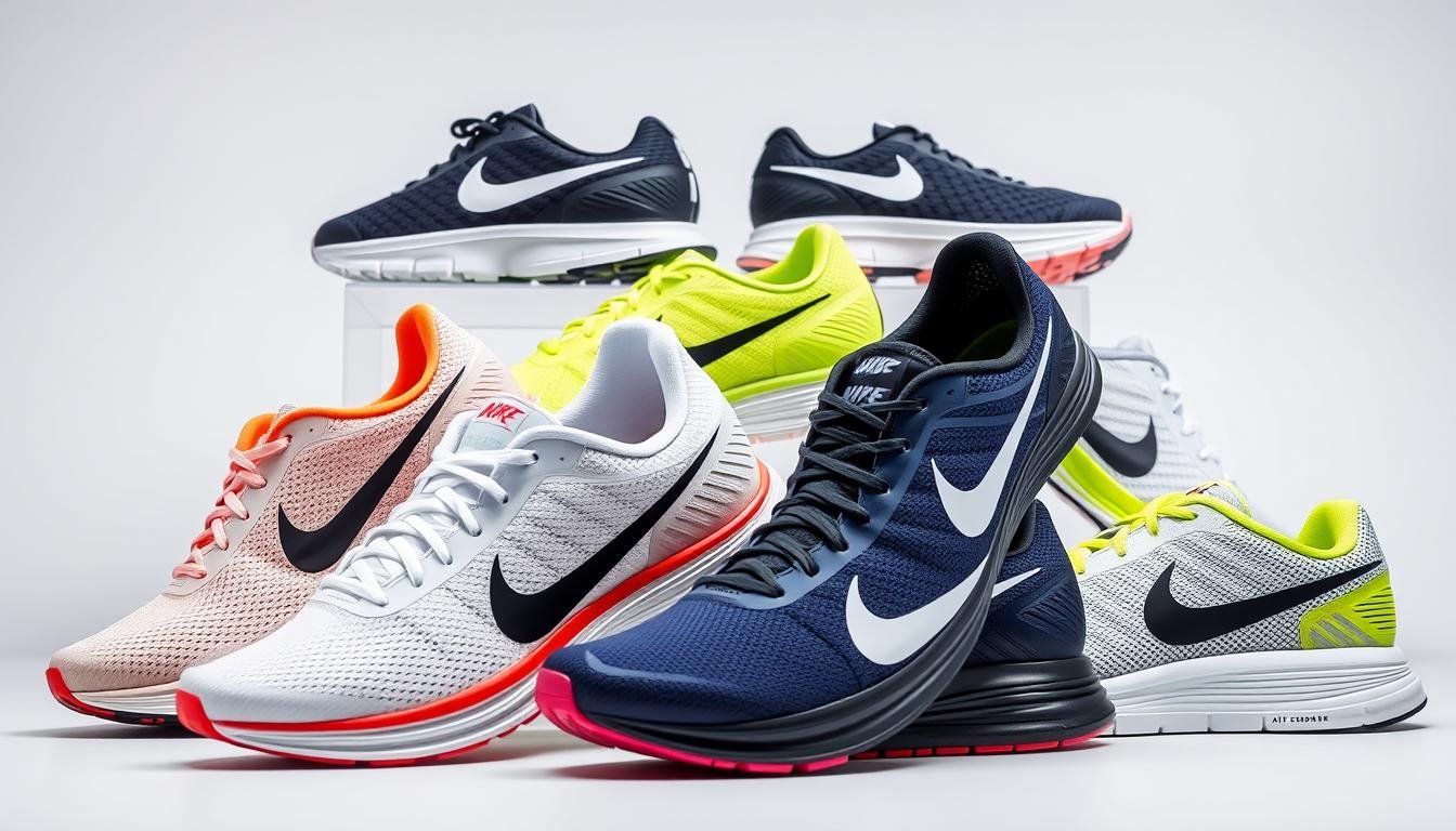 Collection of Nike running shoes showcasing various models and colorways