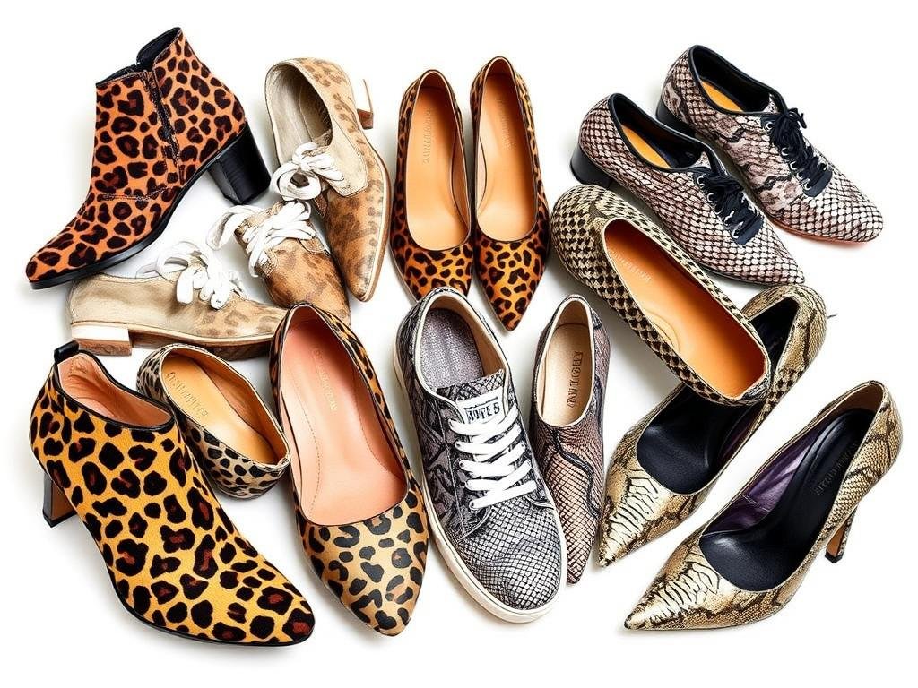 Collection of animal print funky shoes including leopard boots, zebra sneakers, and snake print heels