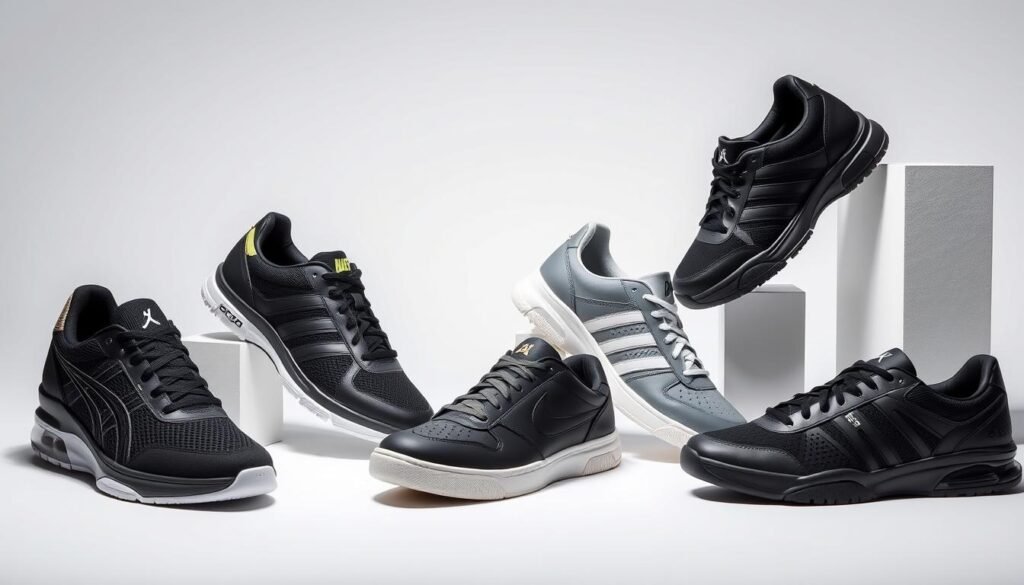 Collection of black tennis shoes from top brands showing quality and design differences