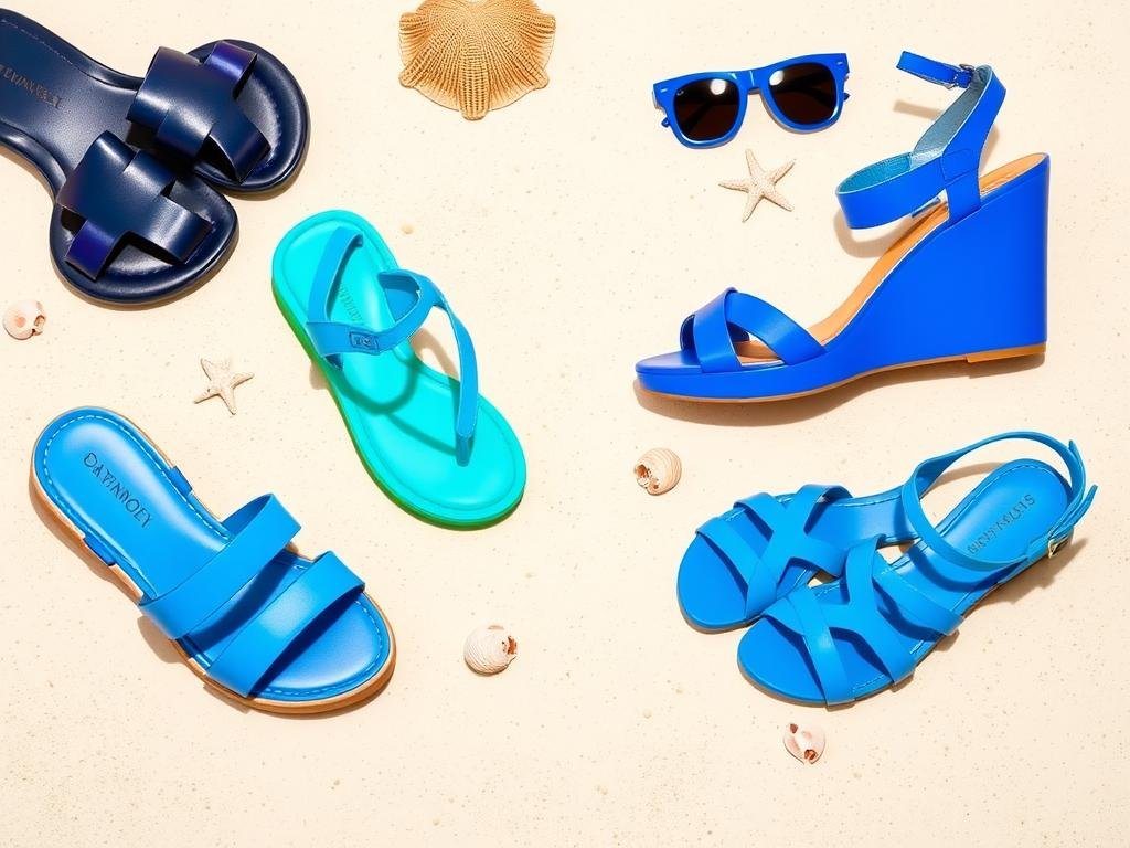 Collection of blue sandals from casual flip-flops to dressy options