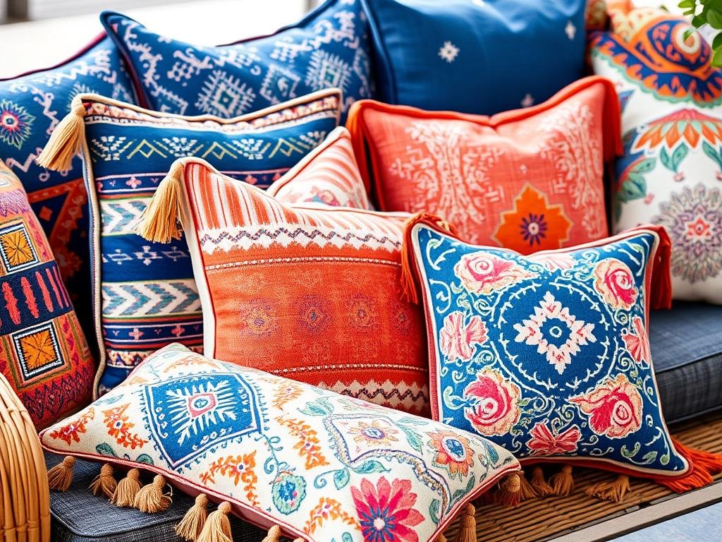 Collection of colorful boho throw pillows with tassels and patterns