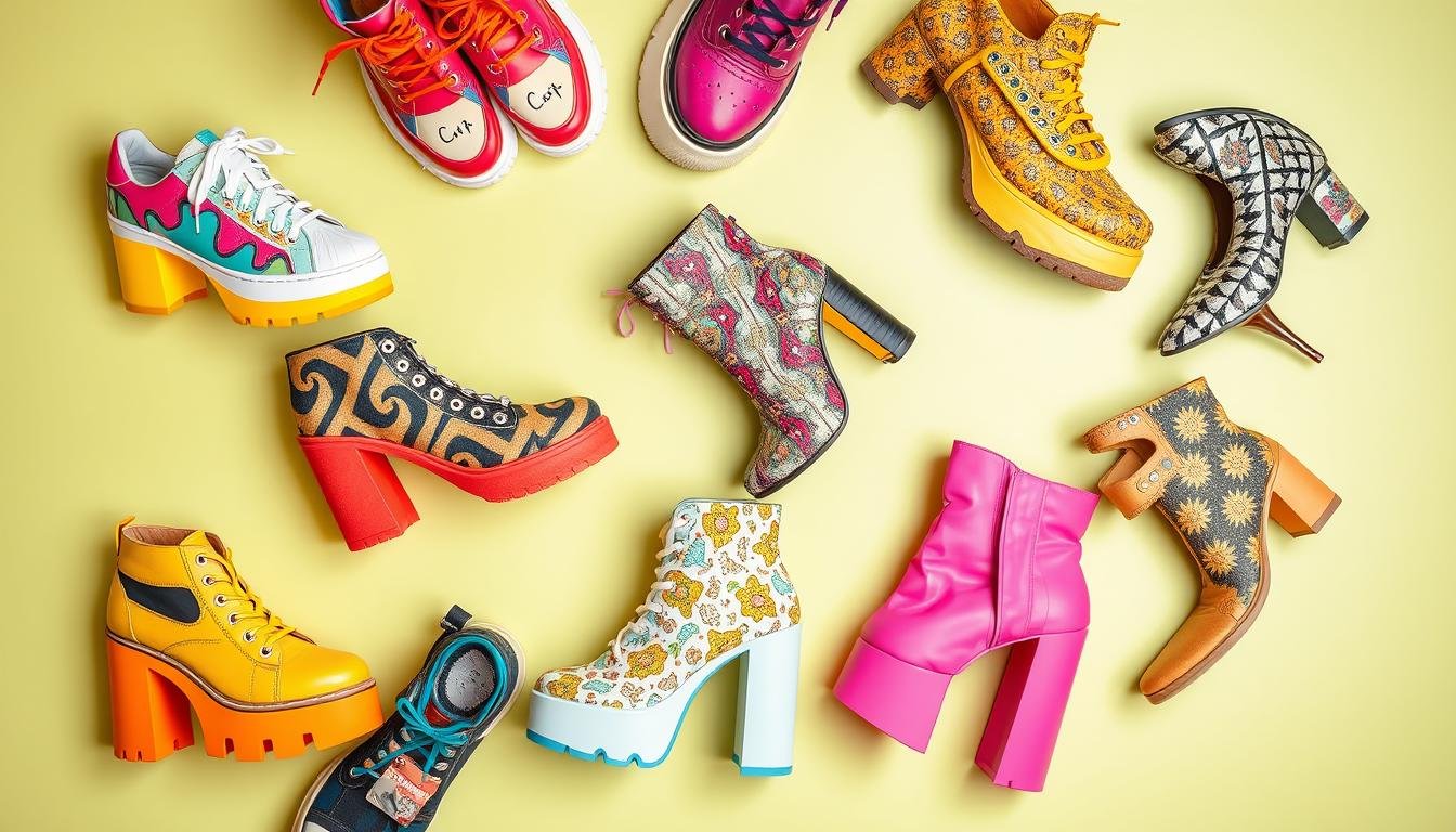 Collection of colorful funky shoes including platform sneakers, patterned boots, and quirky heels arranged on a bright background
