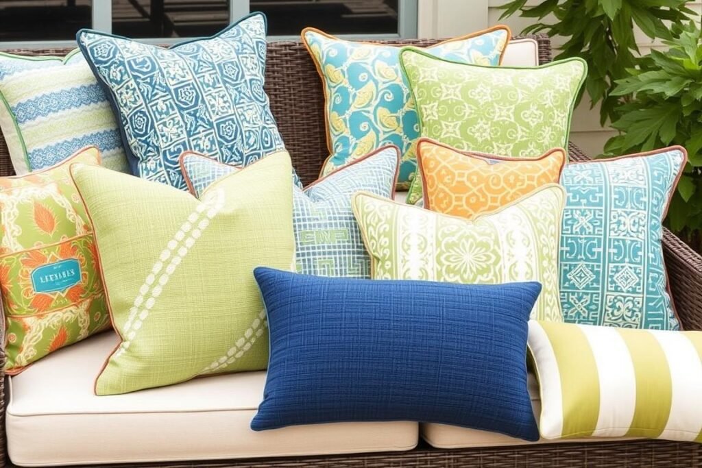 Collection of colorful outdoor pillows in various patterns and textures