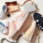 Collection of cute Adidas shoes arranged in a stylish flat lay with fashion accessories