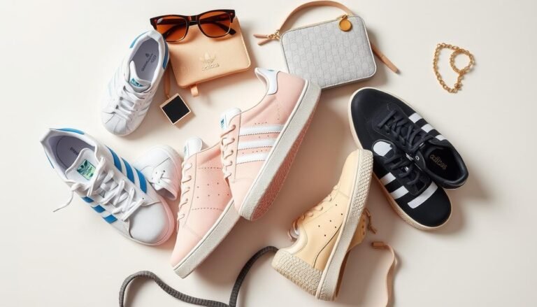 Collection of cute Adidas shoes arranged in a stylish flat lay with fashion accessories