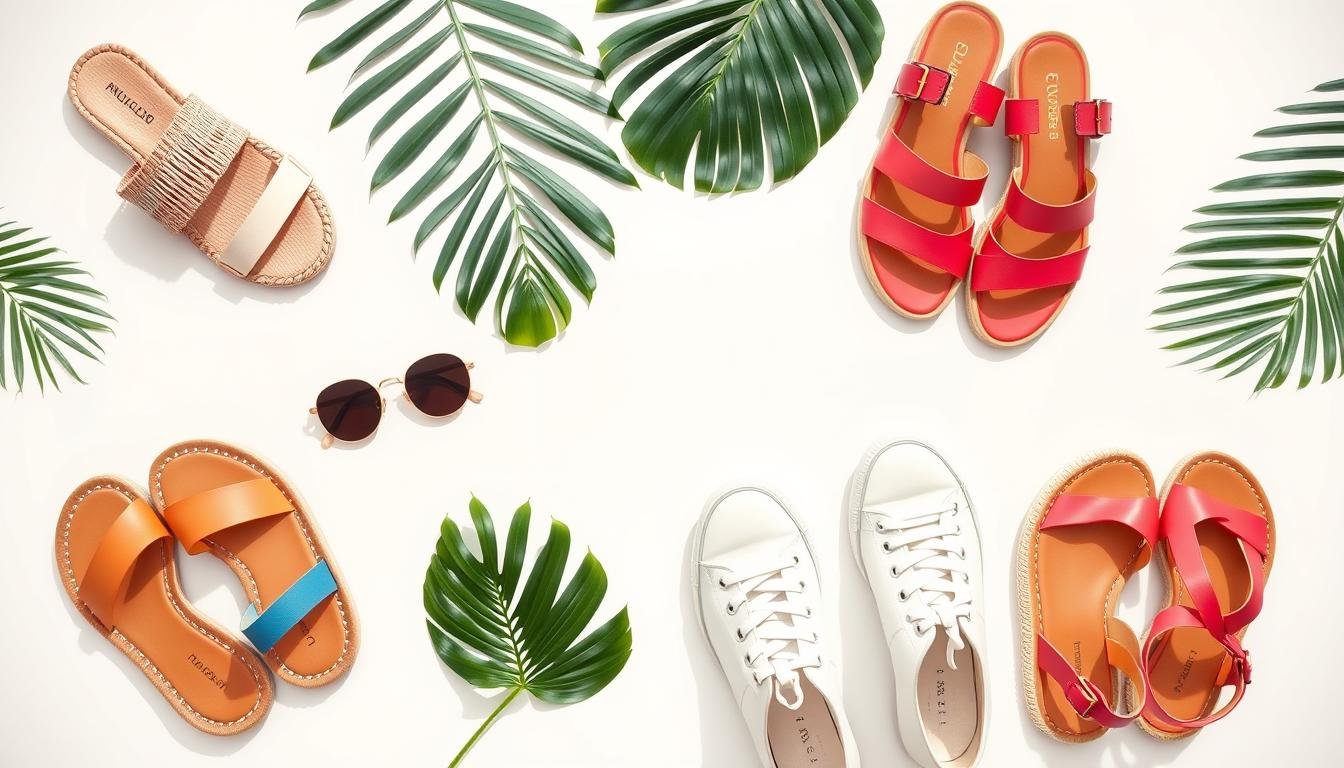 Collection of cute summer shoes arranged on a bright background with tropical elements