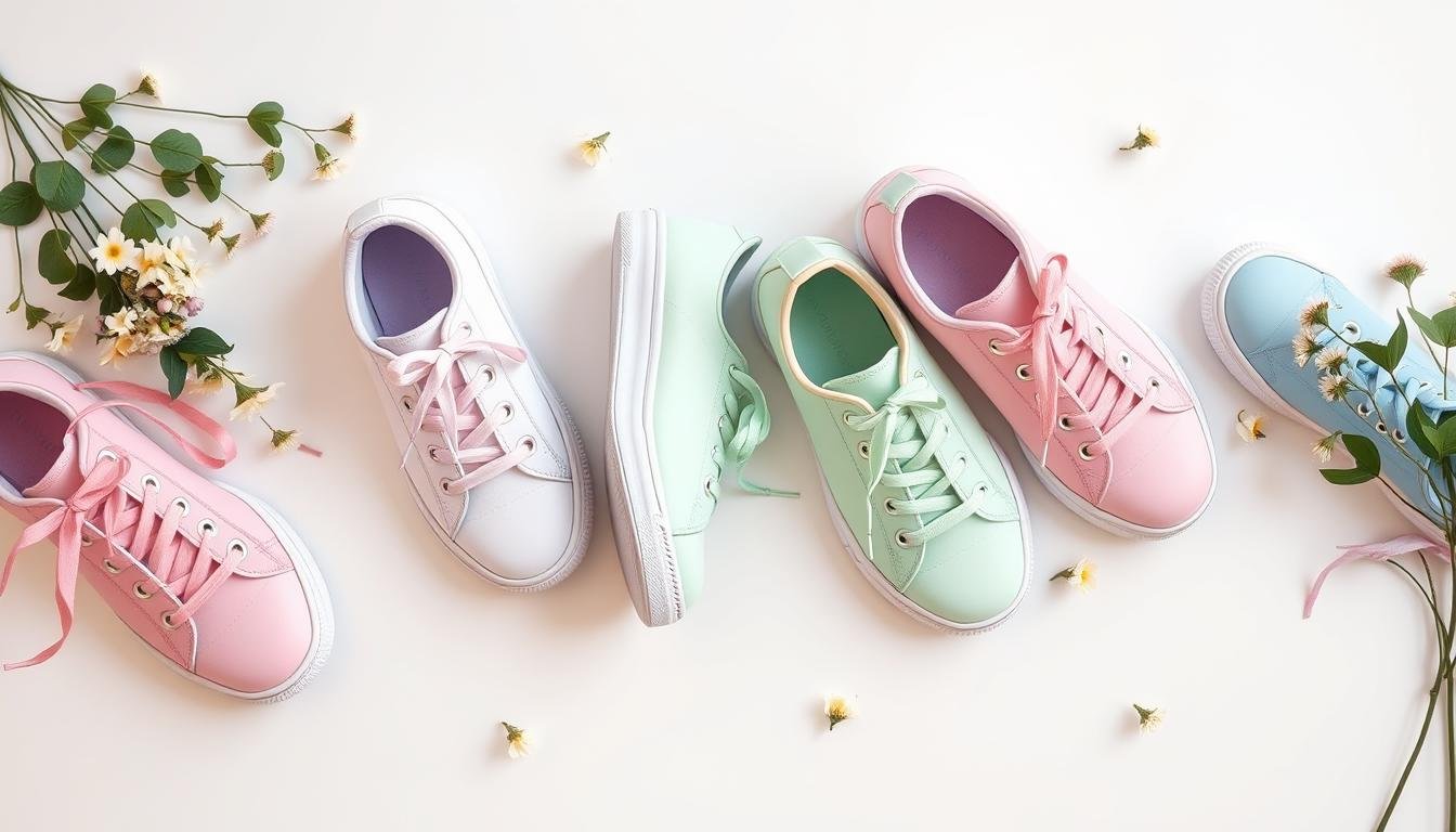 Collection of cute tennis shoes in various pastel colors arranged in a flatlay
