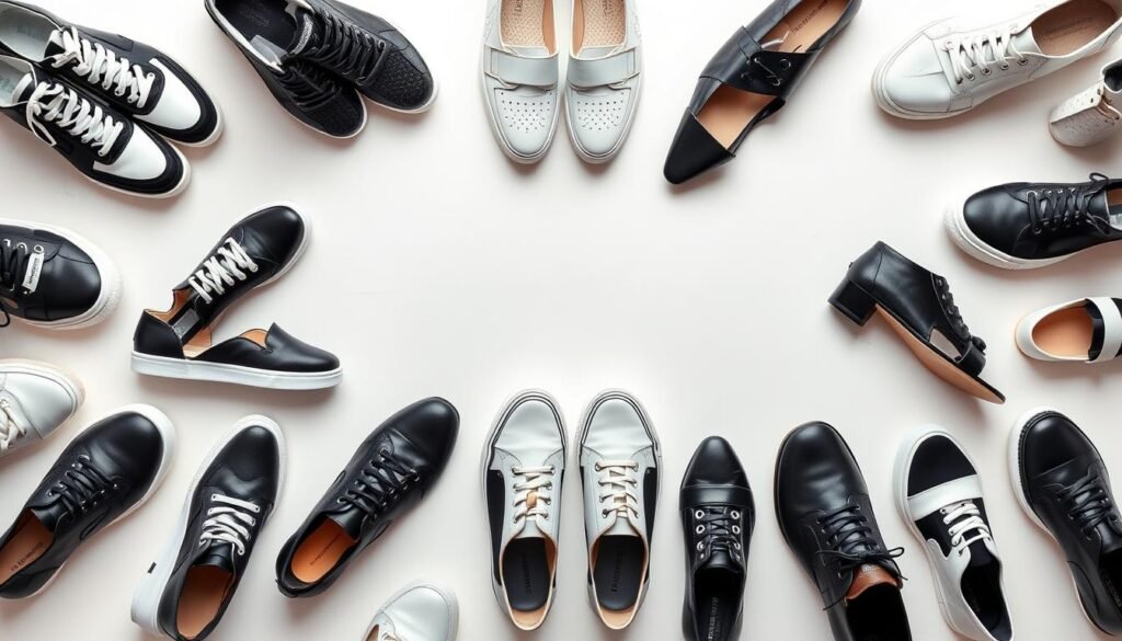 Collection of different black and white shoe styles for all seasons