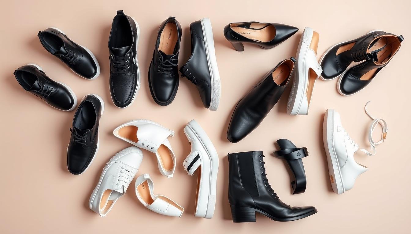 Collection of different black and white shoe styles including sneakers, loafers, heels, boots and sandals