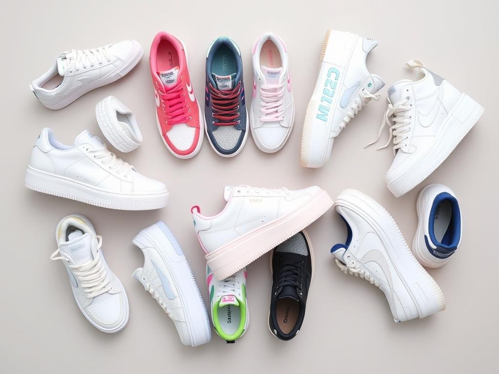 Collection of different tennis shoe styles for outfits