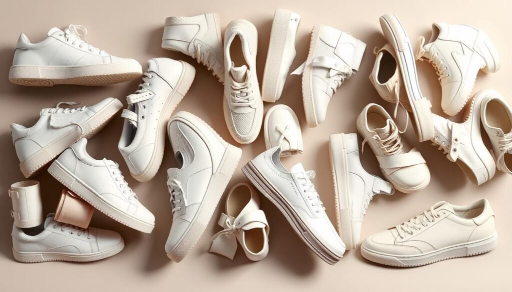 Collection of different types of off white shoes including sneakers, loafers, boots, and sandals