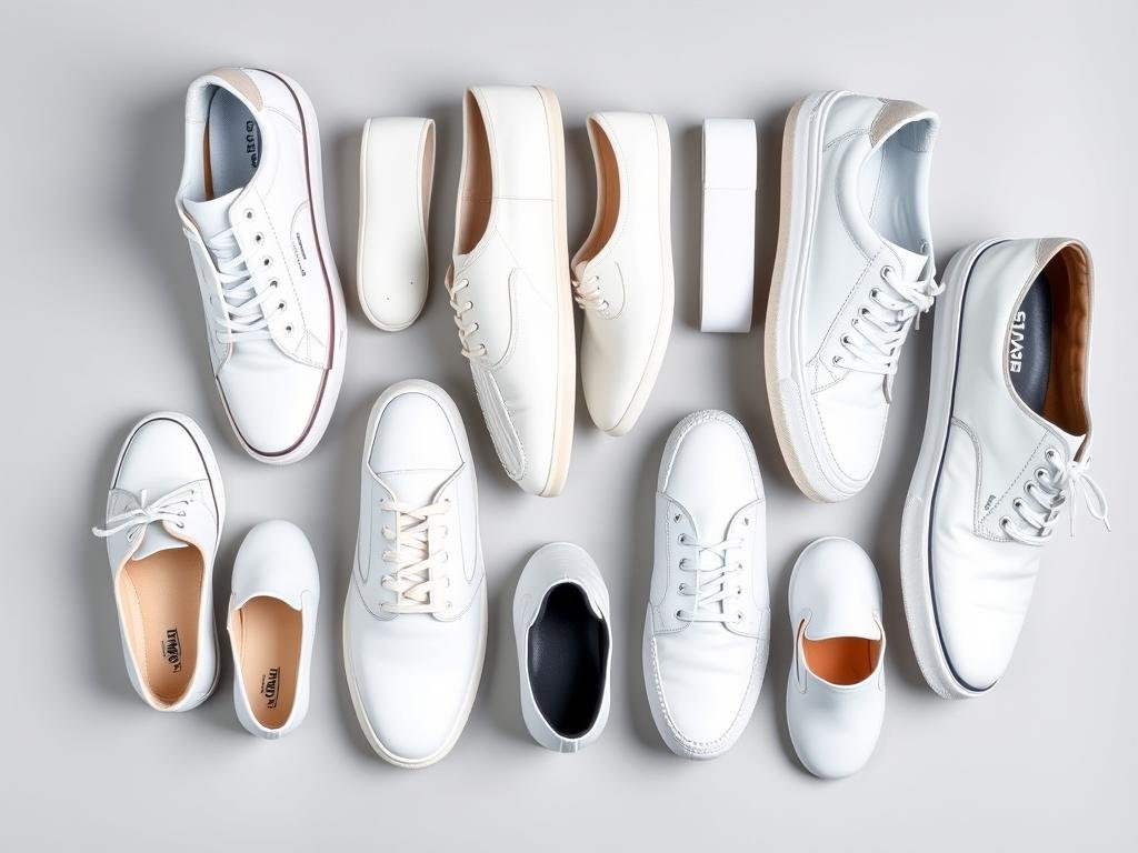Collection of different white shoes for men including sneakers, loafers and dress shoes