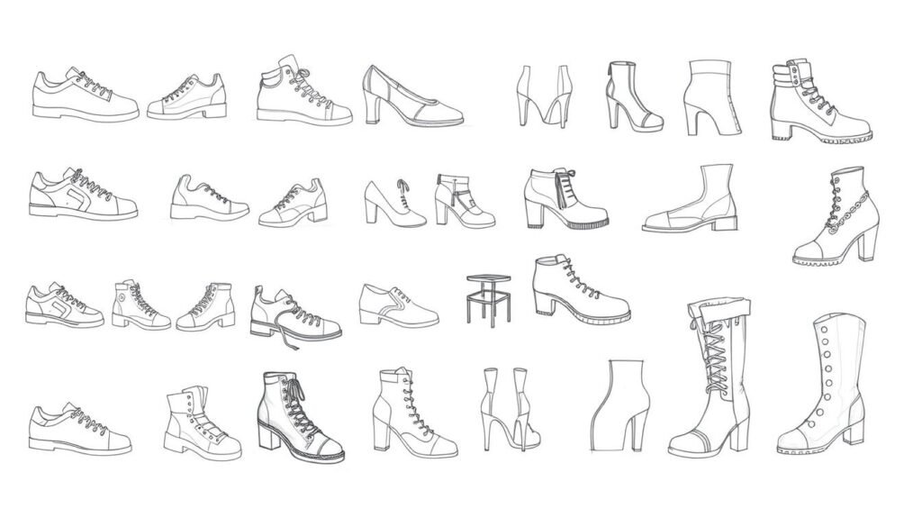 Collection of finished shoe drawings in different styles showing progression of skill development