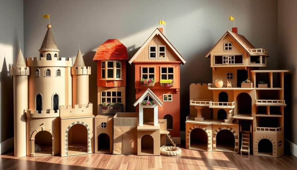 Collection of five different styled cardboard cat houses including castle, modern, cottage, multi-level and cave designs