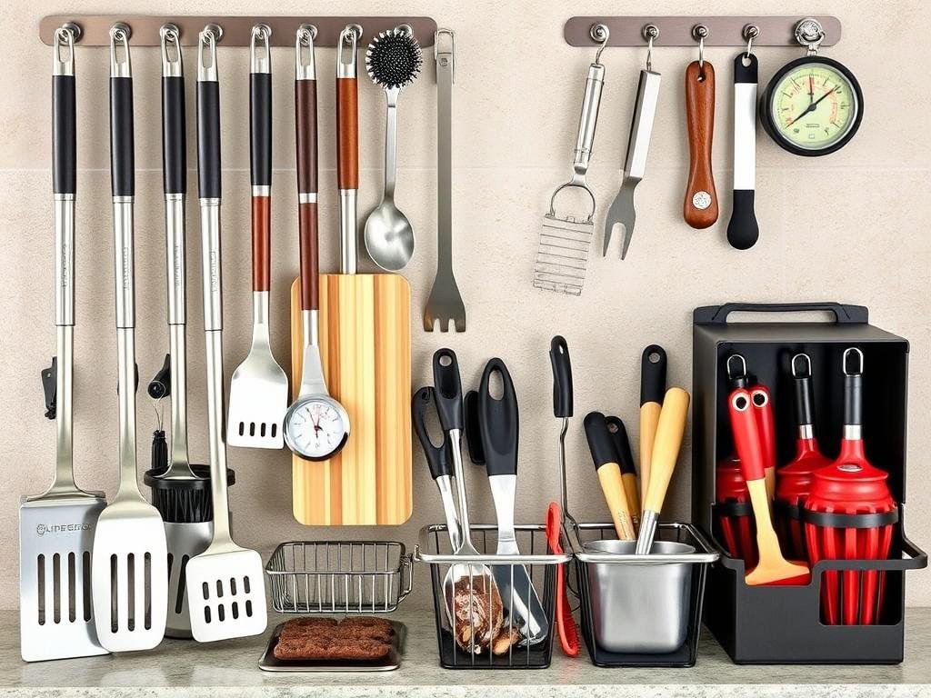 Collection of high-quality grilling tools and accessories organized in an outdoor kitchen