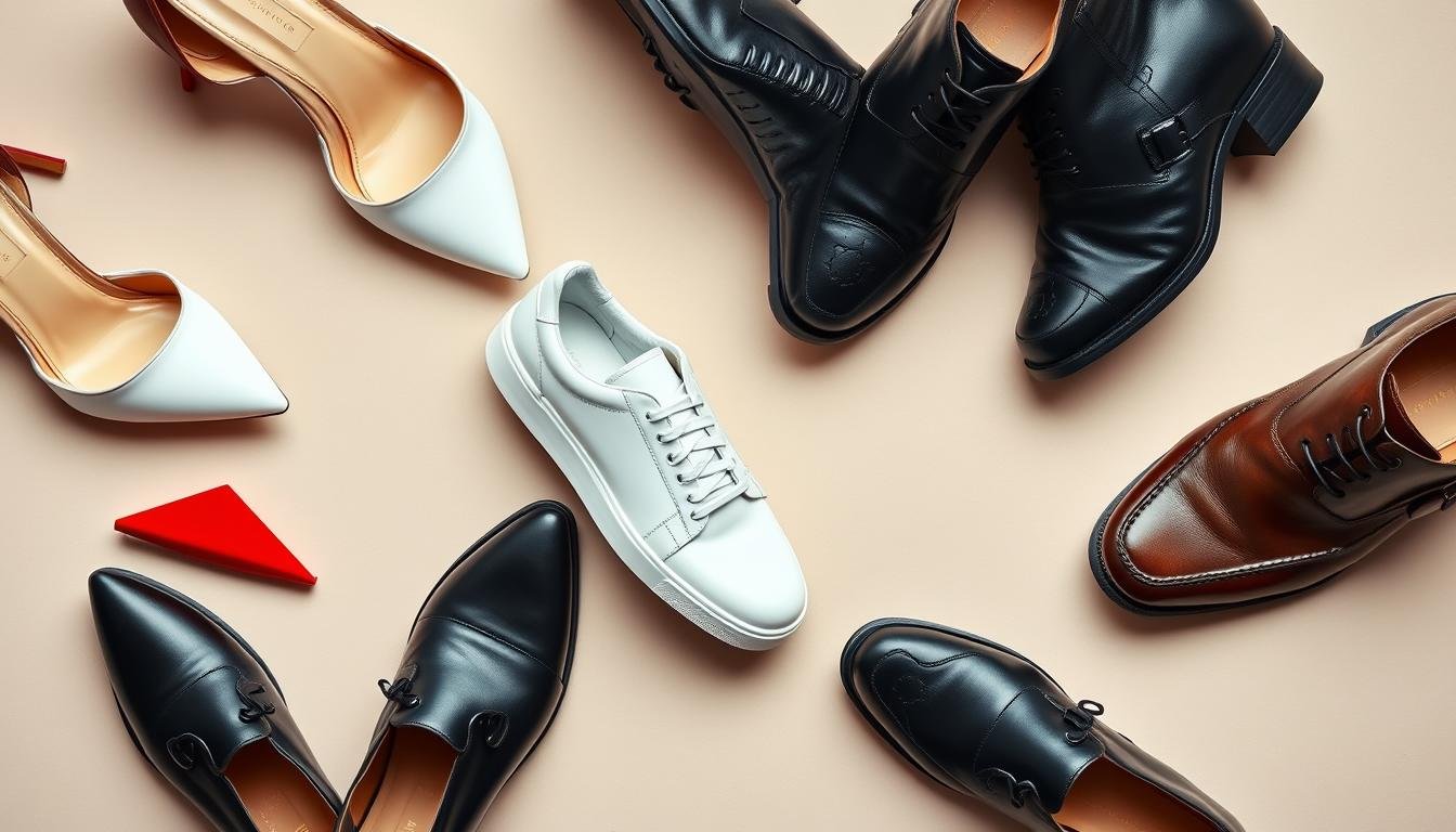 Collection of luxury designer shoes including heels, sneakers, and boots arranged elegantly