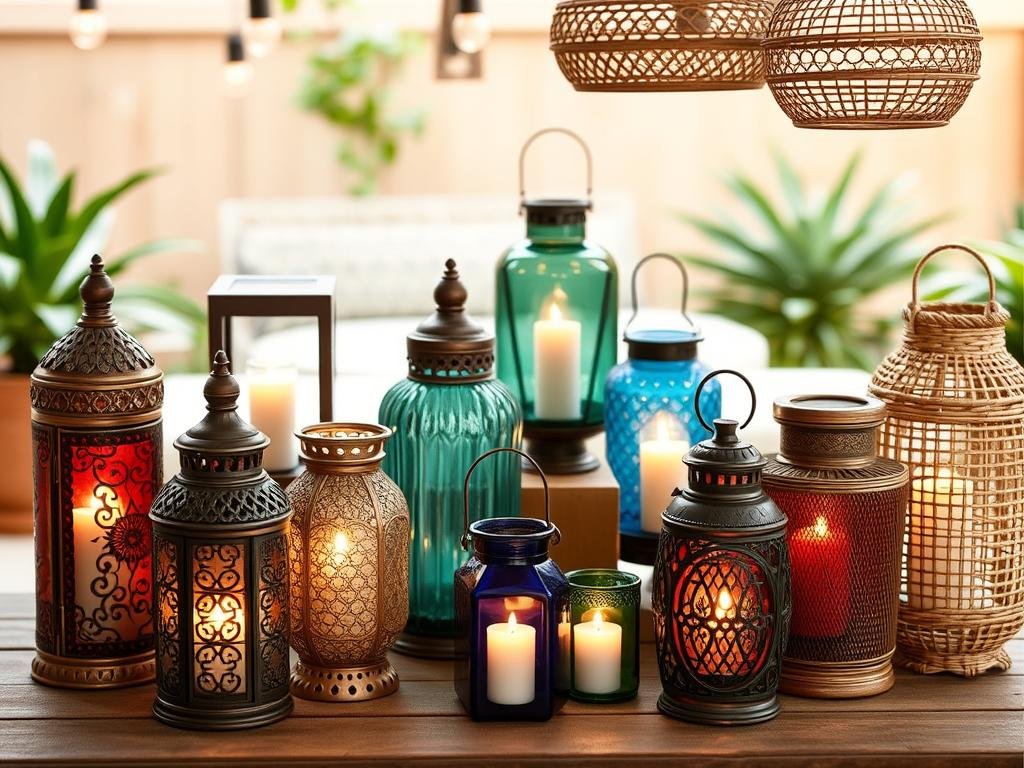 Collection of metal and glass lanterns on a boho outdoor patio